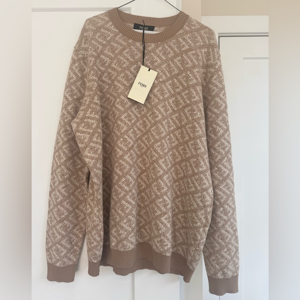 Fendi Pullover Knit Beige Patterned Crew Neck Sweater